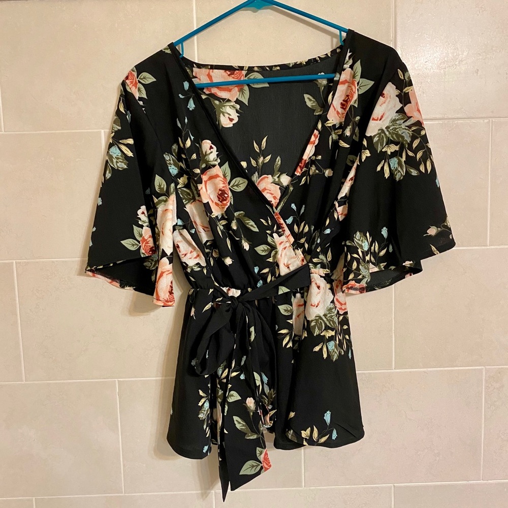 Romwe Floral Belt Tie Blouse